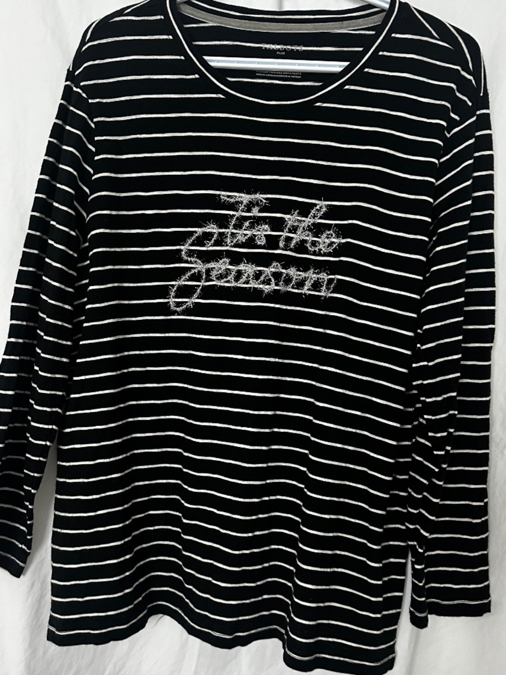 Talbots Plus 1X ‘TIS THE SEASON TINSEL CREWNECK TEE Black and White Striped
